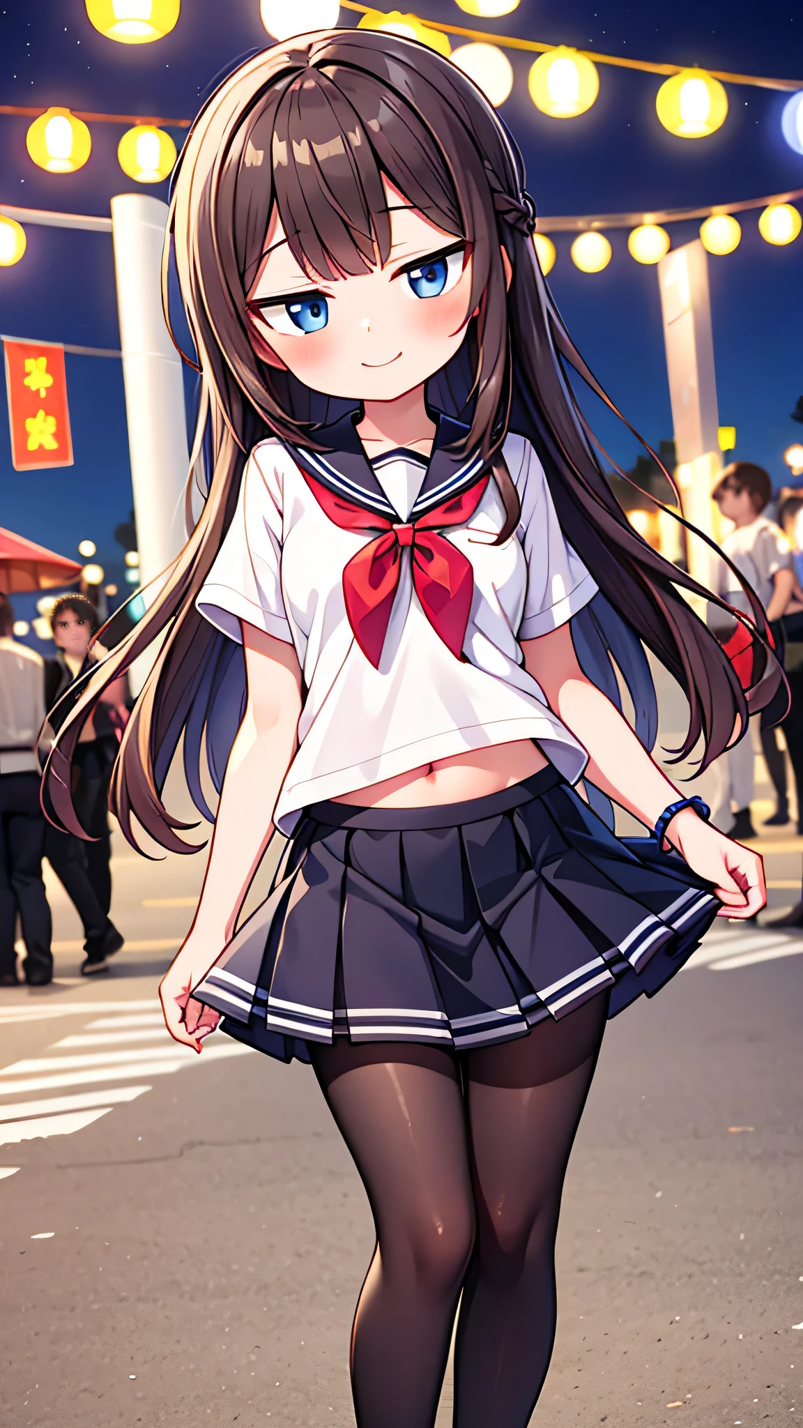 {Highest quality], [Super beautiful], [Ultra fine], [Best illustration], NSFW,Brown Hair, Hime cut, Long Hair, With bangs, girl,Sailor suit,knit cardigan,Short sleeve,skirt,smile, blush, Slender women,Standing posture,(Public),Night Park,Summer festival,diagonal, black tights,Black loafa