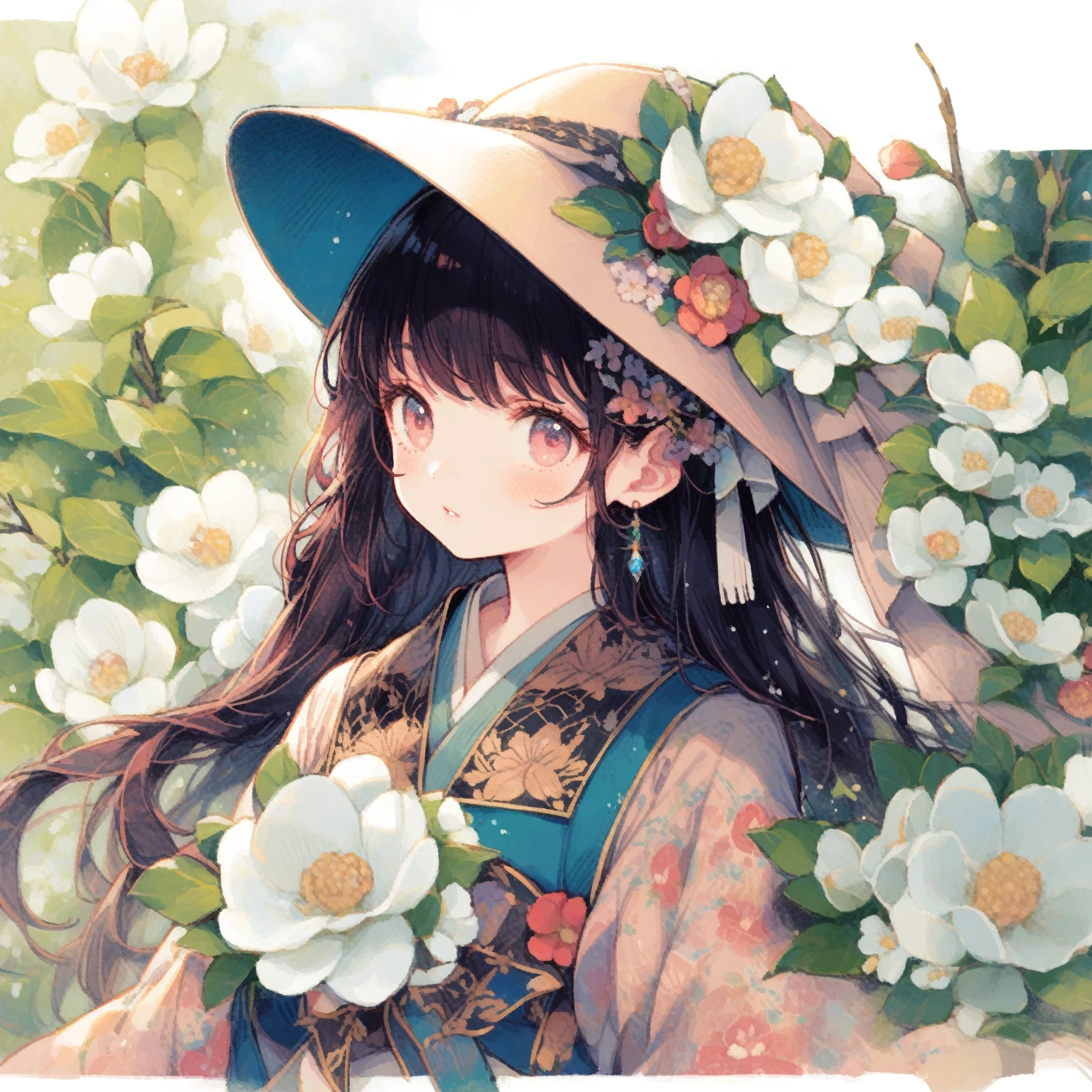 1girl、Summer Camellia Girl、Stewartia pseudocamellia、「Ephemeral beauty」「Loveliness」、Japanese stewartia、tegaki、The petals have jagged tips