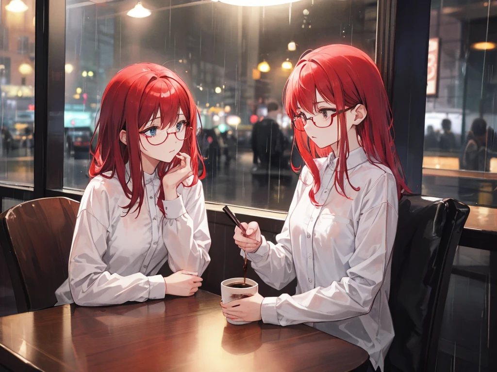 A red-haired woman and a man wearing glasses are having a pleasant conversation, but with a slightly melancholic air. Drinking coffee on a rainy night. Late 20s.


