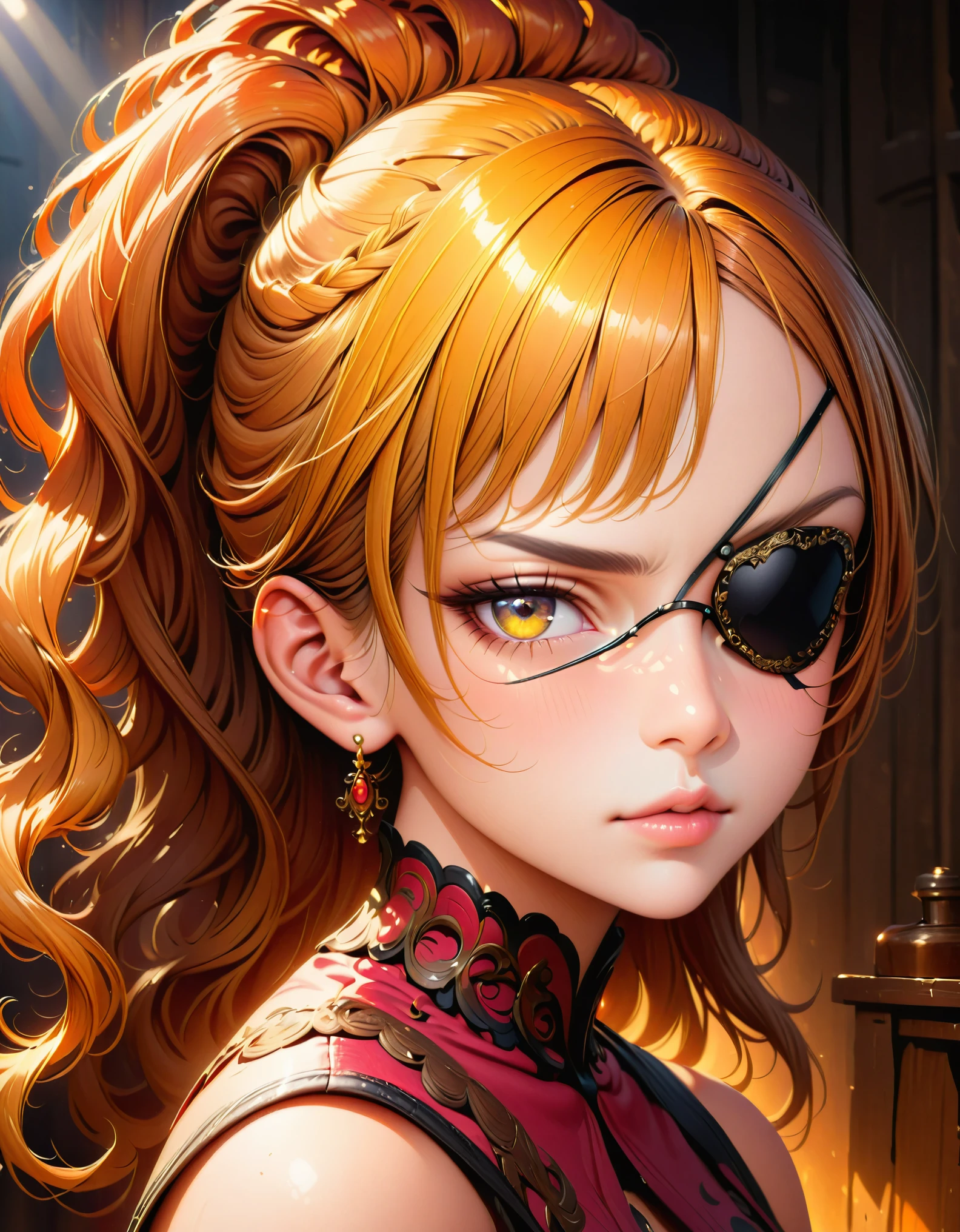 (eye patch), mito sha, ((a cute mito sha girl wearing eye patch)), beautiful detailed eyes, beautiful detailed lips, extremely detailed eyes and face, long eyelashes, high quality, 8k, realistic, photorealistic, photo-realistic, masterpiece, ultra-detailed, physically-based rendering, extreme detail description, professional, vivid colors, studio lighting, beautiful detailed woman portrait, elegant woman, woman with eye patch, serious expression, moody lighting, dramatic shadows, warm color palette, intricate hairstyle, highly detailed facial features
