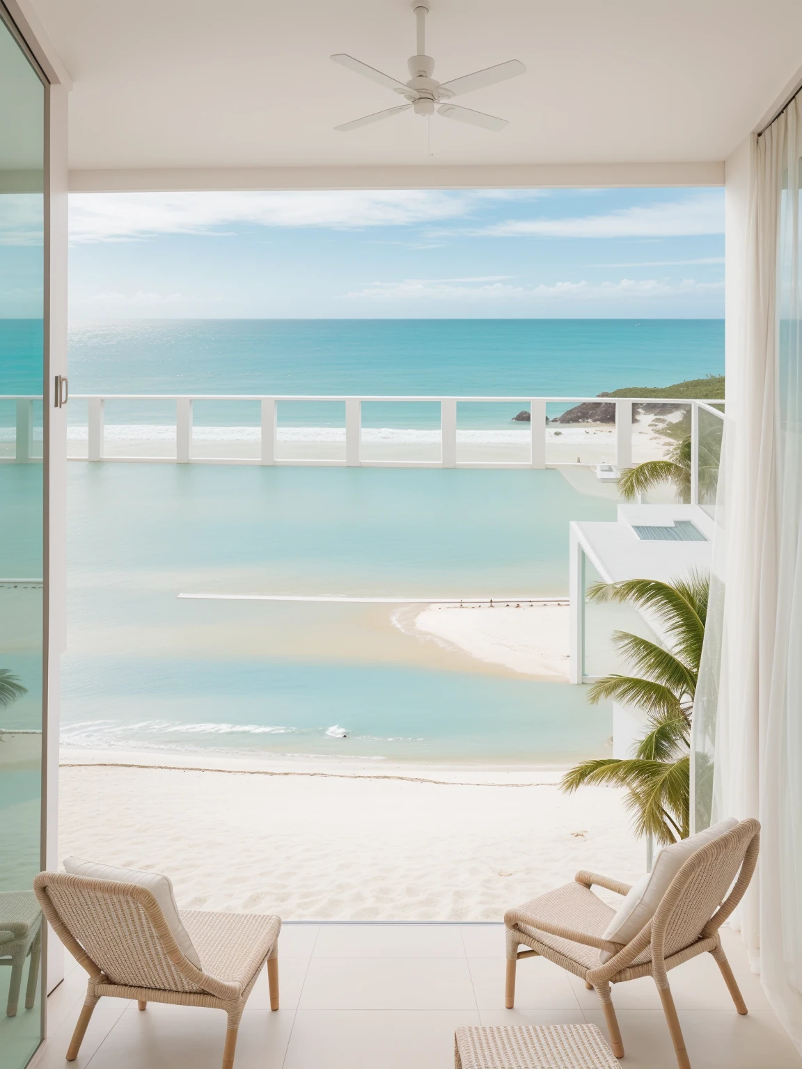 Imagine a serene seaside resort with a panoramic view of the turquoise ocean stretching to the horizon. The room features floor-to-ceiling windows, allowing natural light to flood the space and offering an uninterrupted view of the gentle waves lapping against the shore. The interior is tastefully decorated in a modern, minimalist style with subtle hints of luxury. In the foreground, there is a chic lounge chair with houndstooth upholstery, perfectly positioned to take in the breathtaking vista. A soft, elegant curtain frames the window, gently swaying with the breeze. The balcony outside provides a closer look at the sandy beach below, dotted with charming beachfront houses and lush greenery. The atmosphere is tranquil and sophisticated, making it an ideal retreat for relaxation and contemplation. The soft sound of the ocean and the warm glow of the sun enhance the serene ambiance, creating a perfect harmony with the girl's elegant and poised appearance.
