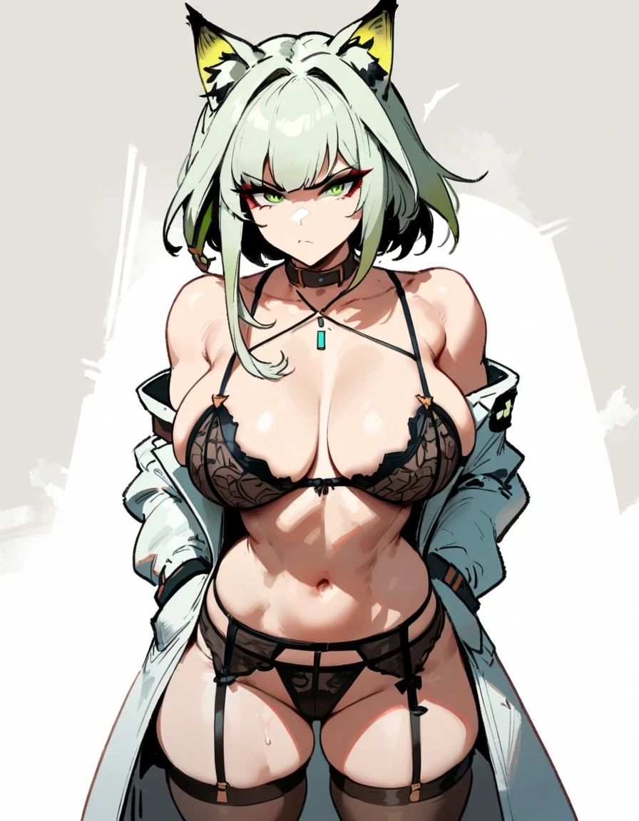 1girl, kal'tsit \(arknights\), arknights \\\\\ masterpiece, best quality, very aesthetic, absurdres, newest \\\\\\ slim body,///// ,by nyantcha,cutesexyrobutts , by khyle,,////// ,,solo,, , ,,detailed face, , ,, , , , , beautiful face, (white background:1.2), , sexy, , serious.angry, green eyes, animal ears, , , rating:nsfw,,big tits,),  in the center of the frame,,, ,lingerie garter belt,, black openwork bra, wears a lab coat, hands in pockets stockings, 