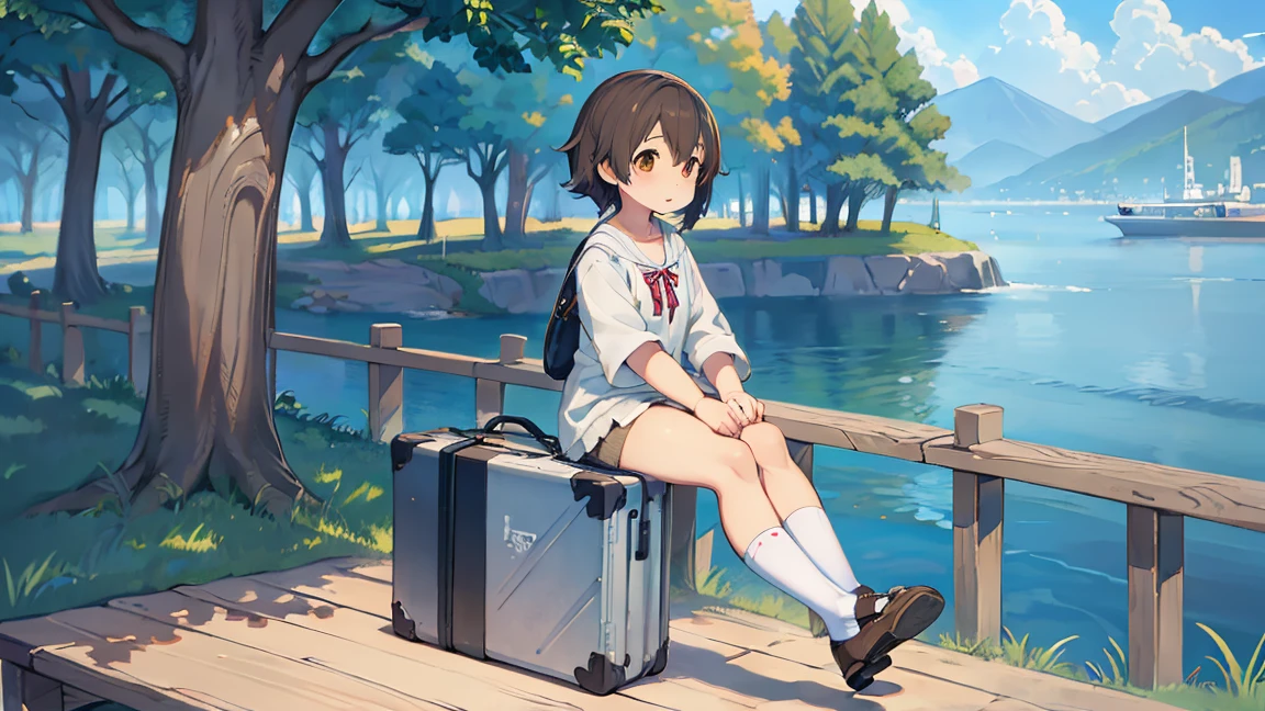 Anime girl sitting on a wooden bench with a suitcase, makoto shinkai&#39;アートstyle, Shinkai Makoto style, Drawn by an anime artist&#39;studio, By Shinkai Makoto. Digital Rendering, lo-fi girl, ( ( By Shinkai Makoto ) ), in the makoto shinkai&#39;style, アニメstyle4K, makoto shinkai&#39;style, アニメペインターstudioによって作成されました、sunset、At dusk