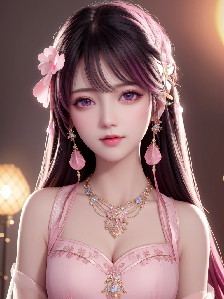 best quality, masterpiece, High target, 1 Girl, Beautiful and fashionable clothes, Hair Decorationss, necklace, Decorations, Pretty Face, When the body, Tyndall effect, Realistic Portraits, Dark Studio, Edge lighting, Two-color light, (Very delicate skin:1.2), 8K uhd, Digital SLR Camera, Soft Light, high quality, Volumetric Lighting, Honest, photo, high resolution, 4k, 8K, Bokeh, black hair,pink hair tips, Pink Eyes.