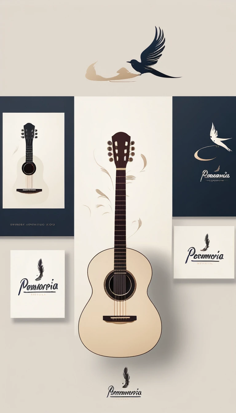 A minimal, modern, simple, cinematic logo design for the brand “Penamemoria". The logotype must be a boy playing acoustic guitar alongside a bird and a feather. The logo must convey a sense of music, stories and dreams. Minimalistic logo of a boy playing acoustic guitar and dissolving into a feather
