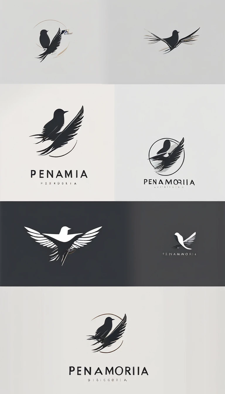A minimal, modern, simple, cinematic logo design for the brand “Penamemoria". The logotype must be a boy playing acoustic guitar alongside a bird and a feather. The logo must convey a sense of music, stories and dreams. Minimalistic logo of a boy playing acoustic guitar and dissolving into a feather
