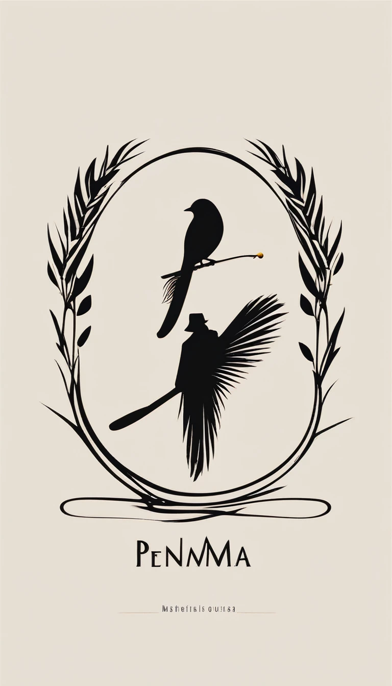 A minimal, modern, simple, cinematic logo design for the brand “Penamemoria". The logotype must be a boy playing acoustic guitar alongside a bird and a feather. The logo must convey a sense of music, stories and dreams. Minimalistic logo of a boy playing acoustic guitar and dissolving into a feather
