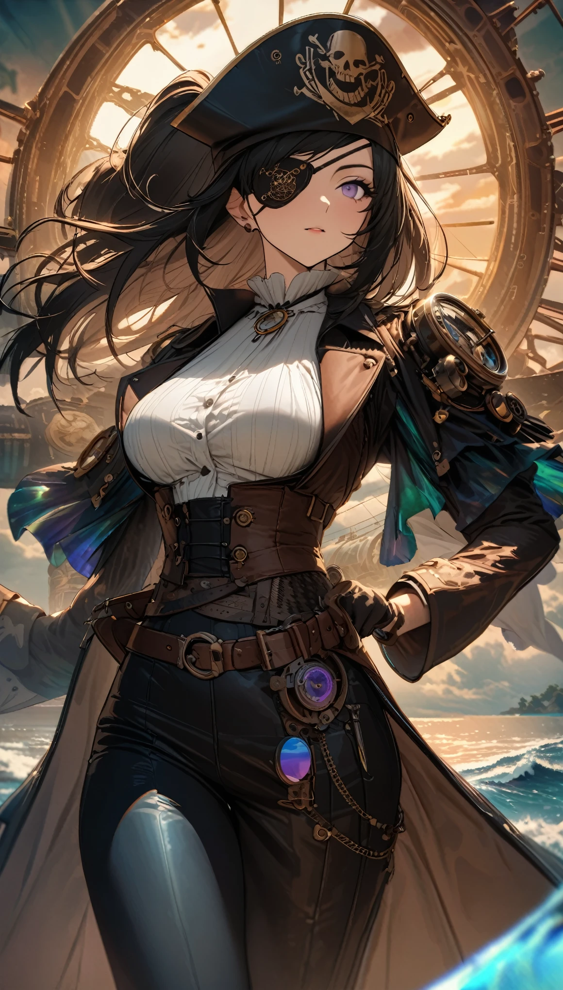 best quality, super fine, 16k, incredibly absurdres, extremely detailed, 2.5D, delicate and dynamic, beautiful woman, (eye patch), wearing pirate costume, accessories, captivating look, superlative body proportion, iridescent, kaleidoscope of pirate era and seascape backgrounds that combines steampunk, clockpunk, dieselpunk and cyberpunk