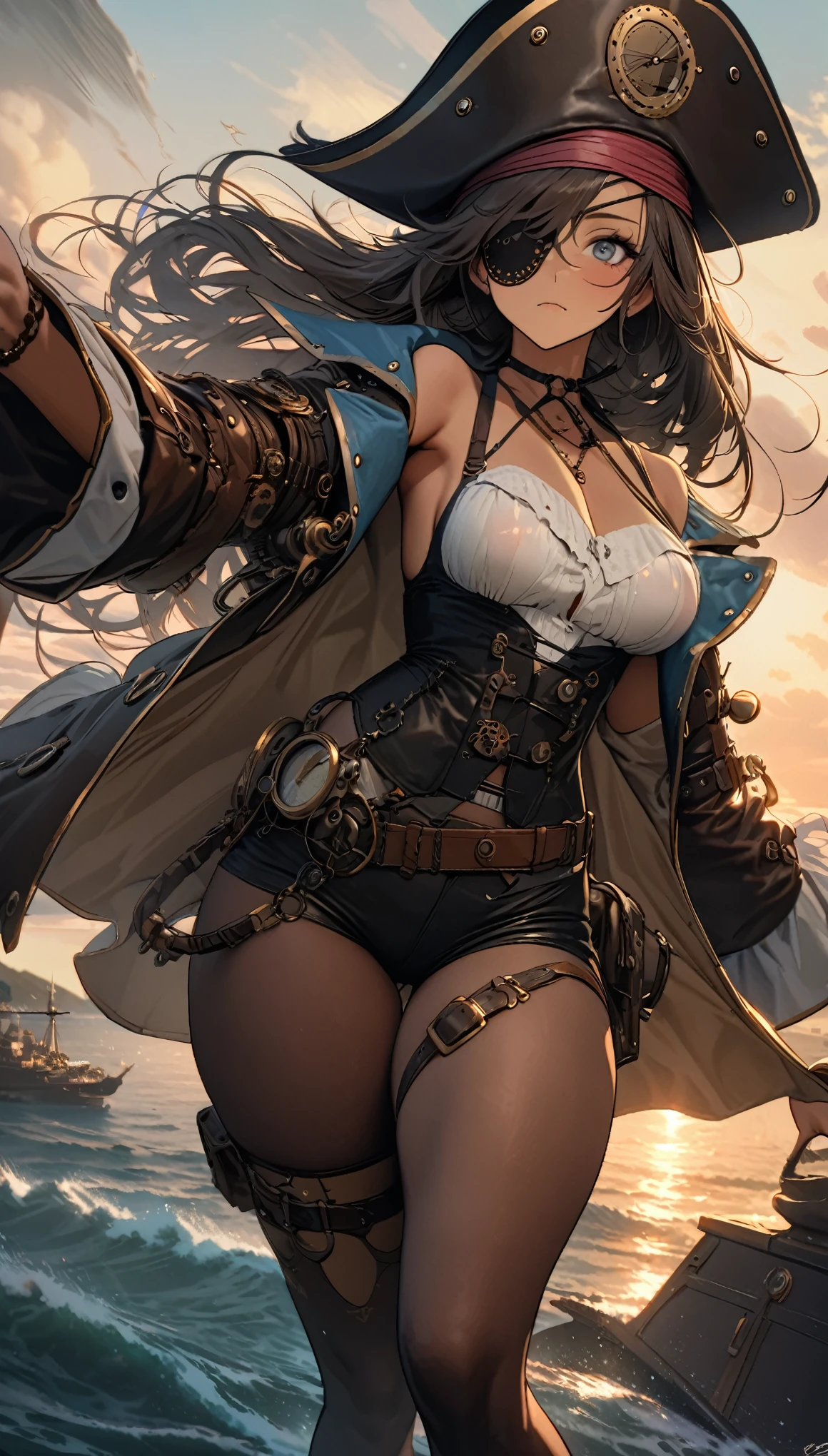 best quality, super fine, 16k, incredibly absurdres, extremely detailed, 2.5D, delicate and dynamic, beautiful woman, (eye patch), wearing pirate costume, accessories, captivating look, superlative body proportion, iridescent, kaleidoscope of pirate era and seascape backgrounds that combines steampunk, clockpunk, dieselpunk and cyberpunk