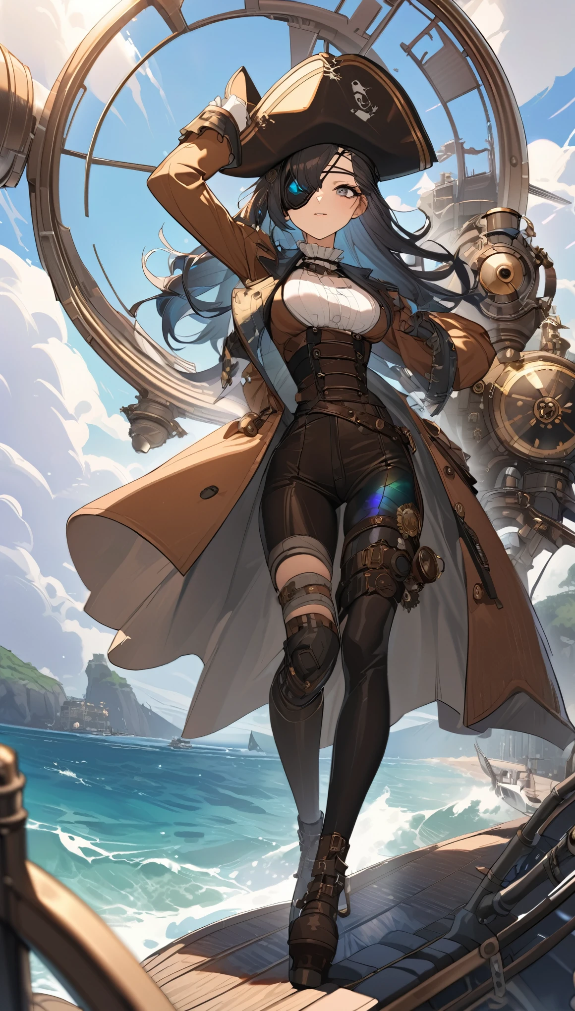 best quality, super fine, 16k, incredibly absurdres, extremely detailed, 2.5D, delicate and dynamic, beautiful woman, (eye patch), wearing pirate costume, accessories, captivating look, superlative body proportion, iridescent, kaleidoscope of pirate era and seascape backgrounds that combines steampunk, clockpunk, dieselpunk and cyberpunk