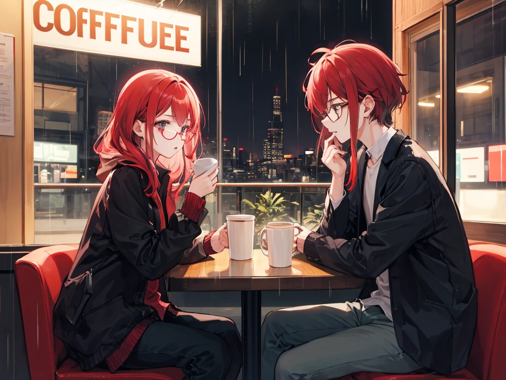 A red-haired woman and a man wearing glasses are having a pleasant conversation, but with a slightly melancholic air. Drinking coffee on a rainy night. Late 20s.