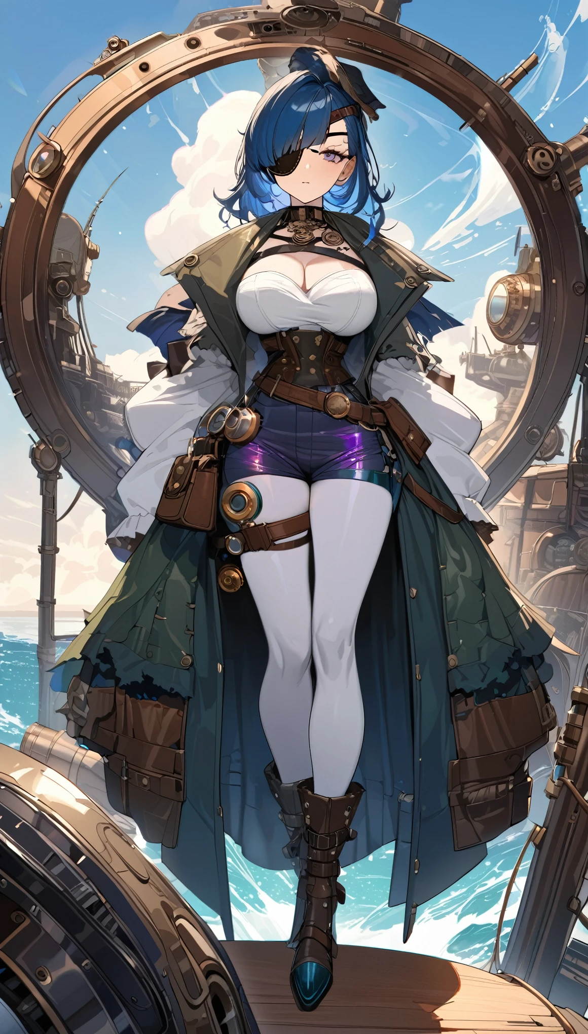 best quality, super fine, 16k, incredibly absurdres, extremely detailed, 2.5D, delicate and dynamic, beautiful woman, (eye patch), wearing pirate costume, accessories, captivating look, superlative body proportion, iridescent, kaleidoscope of pirate era and seascape backgrounds that combines steampunk, clockpunk, dieselpunk and cyberpunk