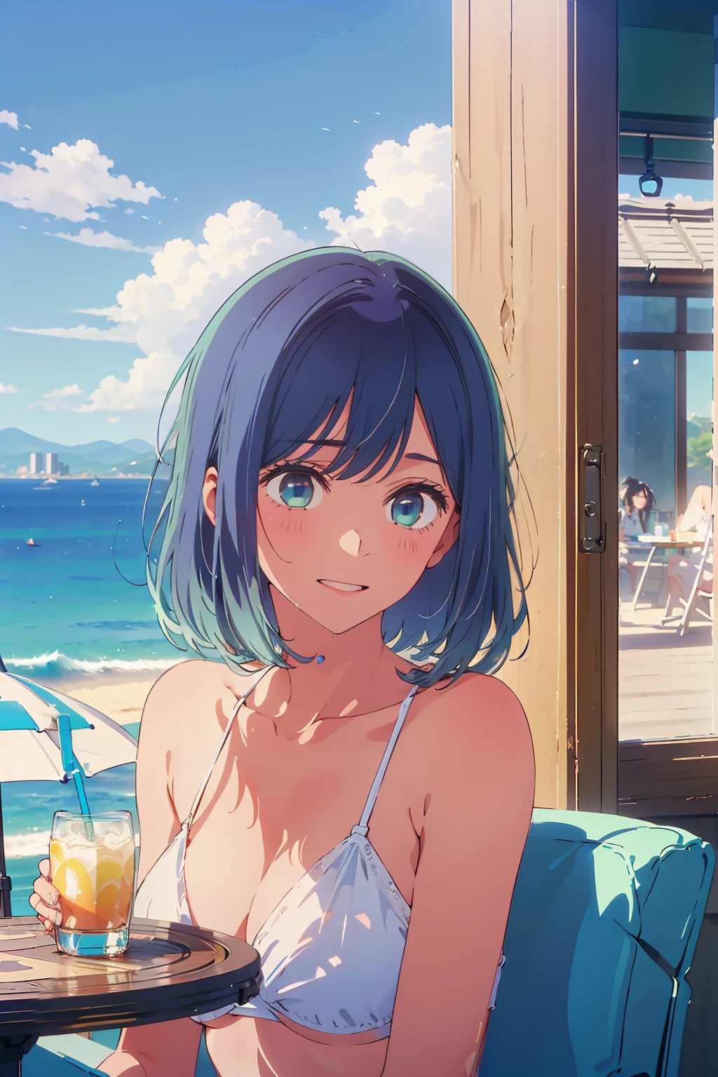 Highest quality,8k,detailed,F cup bust、Big Breasts、Very cute face、Slim and beautiful arms、Slim body、Very white beautiful skin、((((1 person、smile、Thin white bikini、smile、sit、In the background are the urban buildings of Tokyo、Outdoor café terrace、Drink juice、Cheek resting on hand、coastal、table、Look diagonally to the side、Shooting from a distance))))、I can see the deep blue sky、She tilted her head slightly、The atmosphere is bright and lively、The woman is at the center of the image。