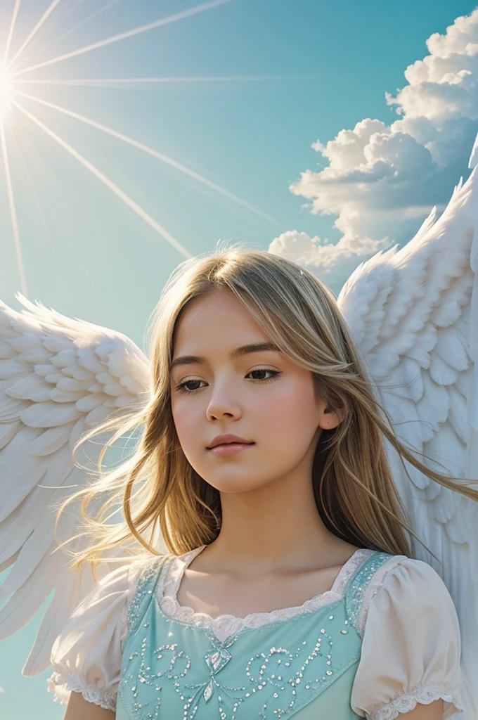 an album cover with a soft and ethereal background in pastel tones, like light blue and pale green. En el centro de la portada, have the title written "Angel Days" It is written in an elegant and delicate typography, perhaps with a subtle glitter effect to give it a heavenly touch. Around the title, you could add some elements like stylized angel wings, fluffy clouds or rays of bright light to reinforce the angelic theme.