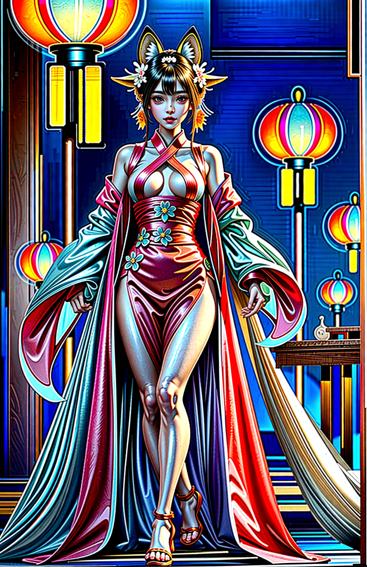 Masterpiece, best quality, full body shot (head and feet in the frame)(highly precise drawing down to the smallest detail)(extremely precise representation)a breathtakingly beautiful japanese yokai kitsune (fox goddess)accompanied by white fox(very athletic human body, fox ears, more than 3 foxtails)) dressed in (in typical color representation) a hanfu clothing worthy of a goddess with a beautiful headdress, fit, small breasts, paper lanterns and peonies, very detailed images, extremely detailed, complicated details, high resolution, super complex details, mfbp1
