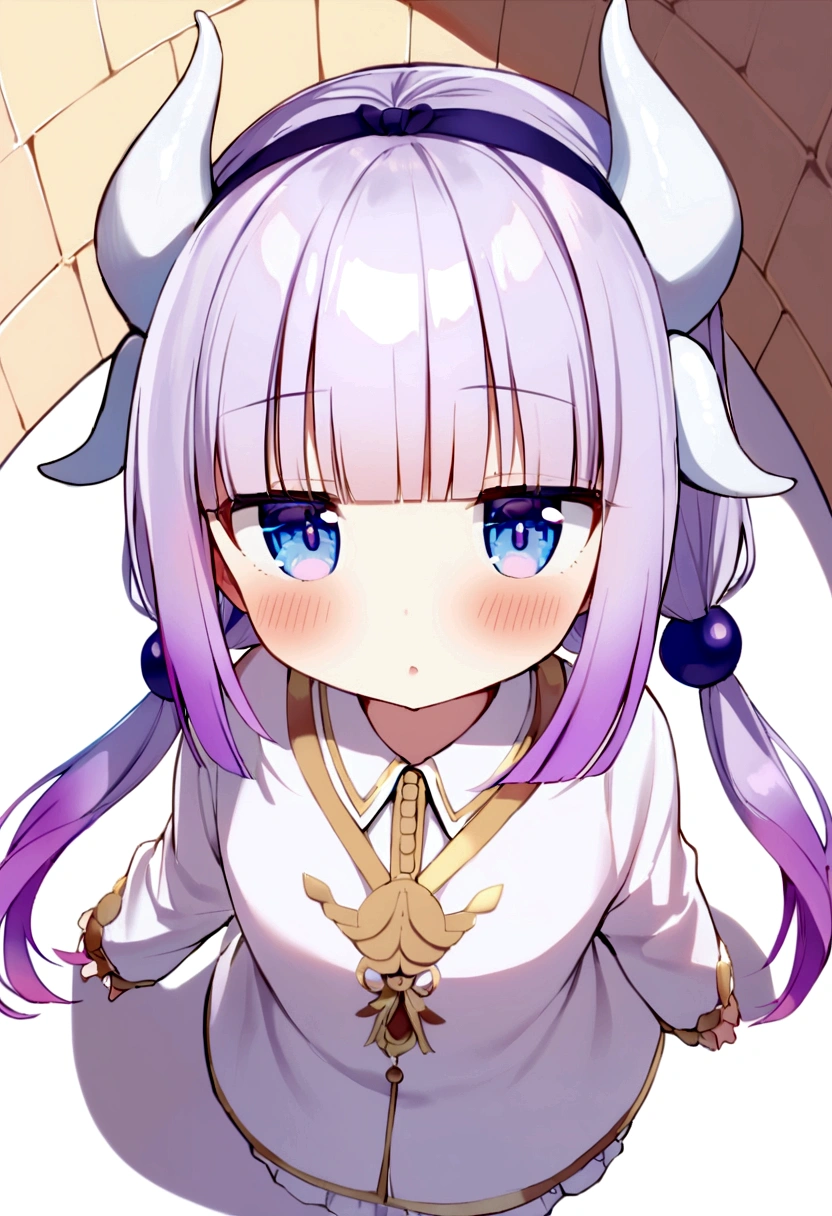 {kanna_kamui_kobayashisanchinomaidragon:1.15}, long_hair, light_purple_hair, blue_eyes, hair_ornament, bangs, blush, multicolored_hair, twintails, blunt_bangs, hair_beads, beads, hairband, gradient_hair, low_twintails, horns, dragon_horns, purple_hair,child's build,bird's-eye view