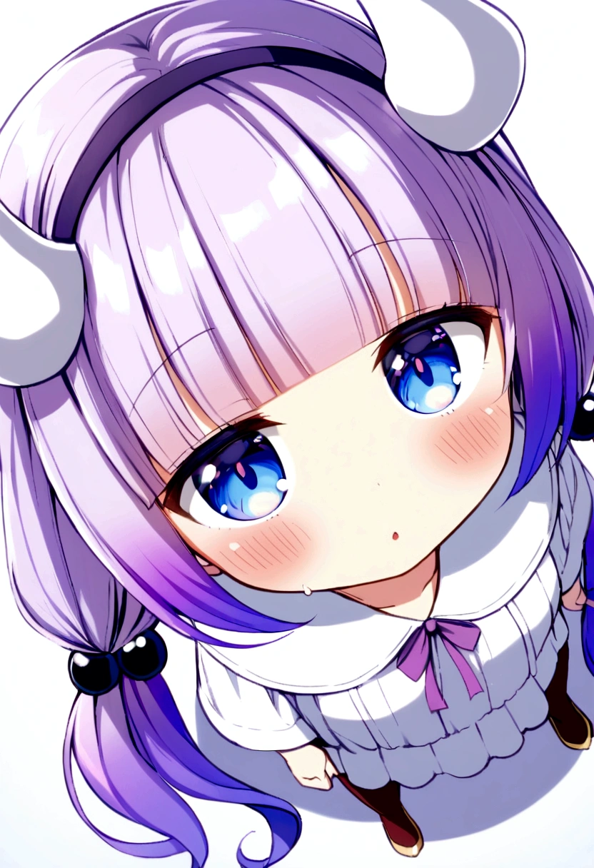 {kanna_kamui_kobayashisanchinomaidragon:1.15}, long_hair, light_purple_hair, blue_eyes, hair_ornament, bangs, blush, multicolored_hair, twintails, blunt_bangs, hair_beads, beads, hairband, gradient_hair, low_twintails, horns, dragon_horns, purple_hair,child's build,bird's-eye view