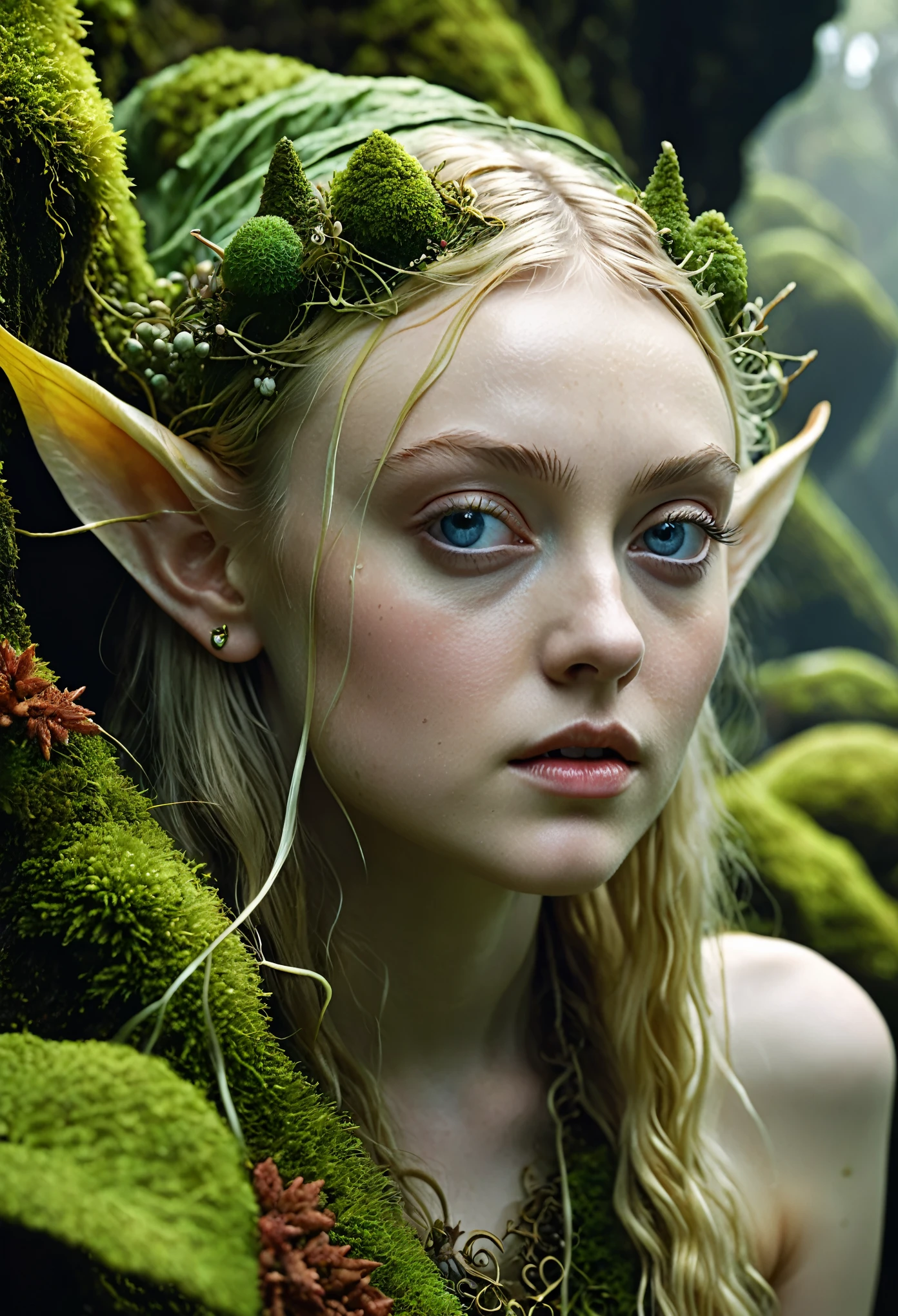 Looks like Dakota Fanning, Closeup of a Surreal moss Elf with pointy ears in the styles of Ernst Haeckel, Arthur Rackham, Roger Dean, Jeff Wall, by Wolfgang Tillmans, Brooke Shaden $etching drawing illustration$ resin
detailed matte painting, deep color, fantastical, intricate detail, splash screen, complementary colors, fantasy concept art, 8k resolution trending on Artstation Unreal Engine 5, ethereal beauty, stunning beauty,