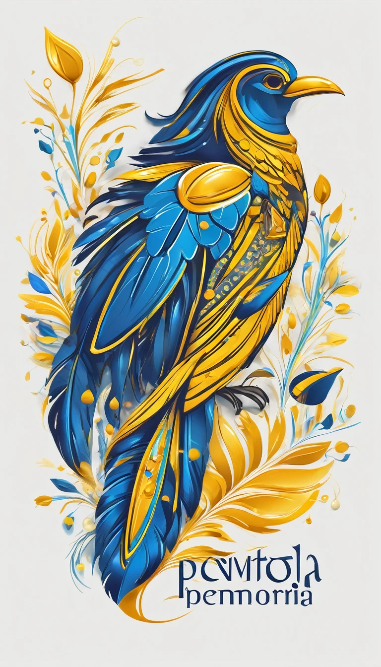 Create a flat vector, illustrative-style wordmark logo design for a storytelling and musical brand named 'Penamemoria'. The 'P' in 'Penamemoria' is transformed into a stylized feather, suggesting the brand's inspiration from fantasy birds. Use shades of blue. white and yellow, evoking the imaginary and golden memories against a white background. Do not show any realistic photo detail shading. Include a boy playing acoustic guitar