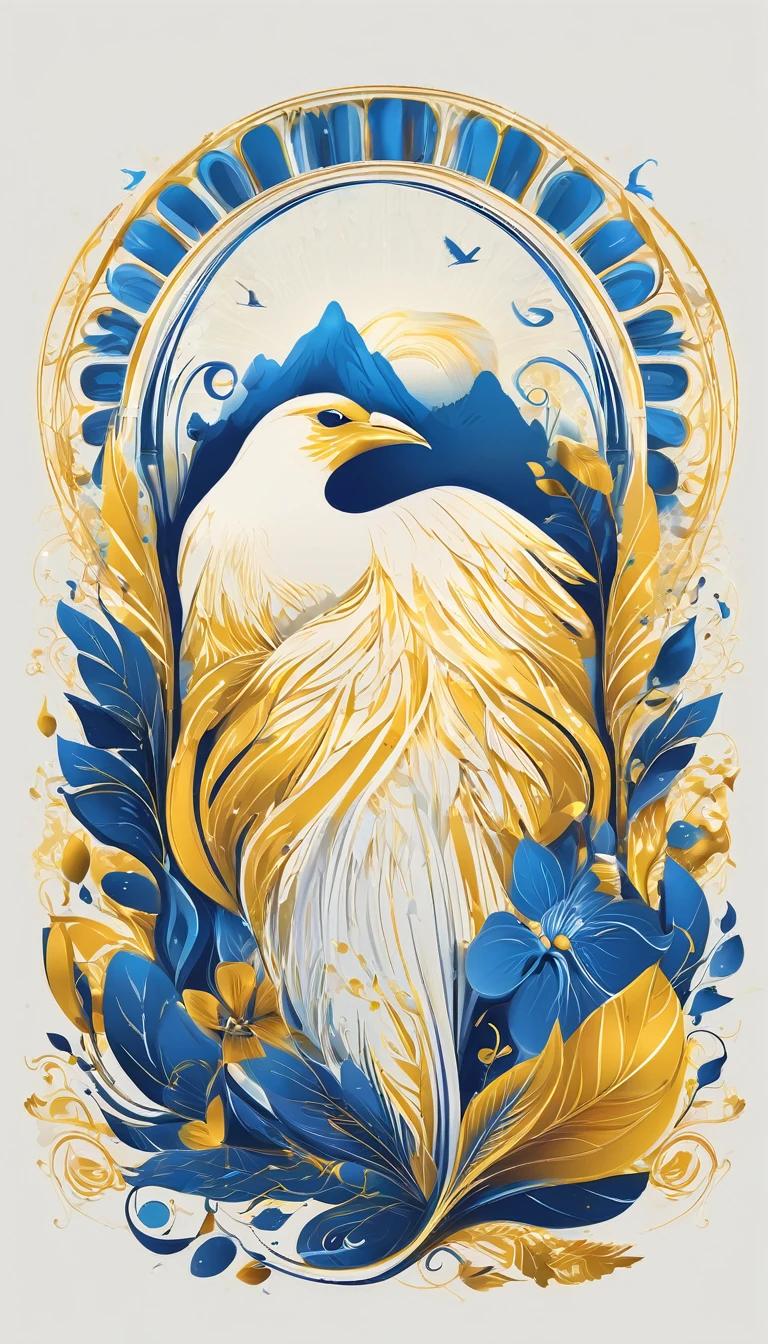 Create a flat vector, illustrative-style wordmark logo design for a storytelling and musical brand named 'Penamemoria'. The 'P' in 'Penamemoria' is transformed into a stylized feather, suggesting the brand's inspiration from fantasy birds. Use shades of blue. white and yellow, evoking the imaginary and golden memories against a white background. Do not show any realistic photo detail shading. Include a boy playing acoustic guitar