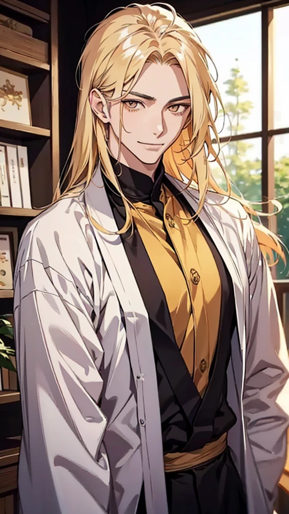 Japanese, Asian face, golden eyes, male, university student, blonde, waxed hair, shoulder-length hair, gradient hair, shirt, designer clothes, upper body, smiling