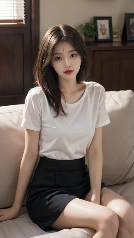 1 Girl,Sit on a comfortable sofa,Soft Light,Chinese Beauty, Short sleeve,Short suit skirt,,Dark-haired,Length of hair