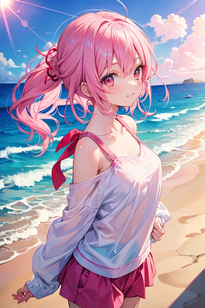 Pink Hair Short ponytail Red Eyes beautiful girl profile blue sea White sand beach Light of the sun smile