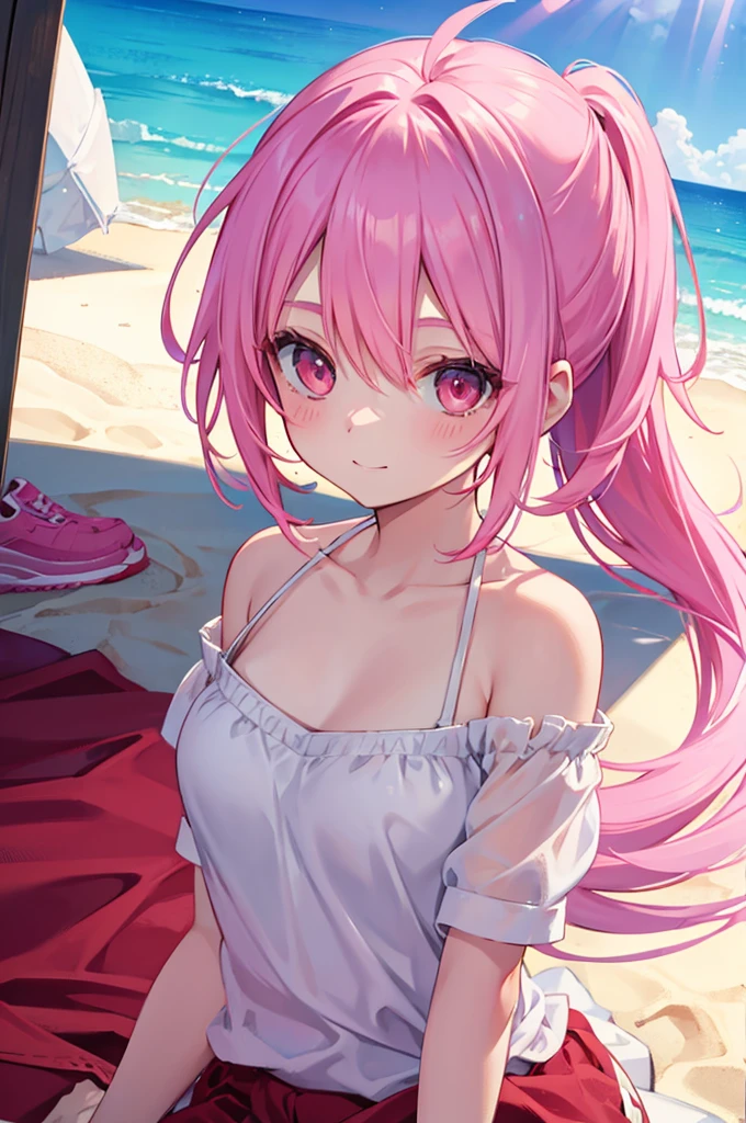 Pink Hair Short ponytail Red Eyes beautiful girl profile blue sea White sand beach Light of the sun smile
