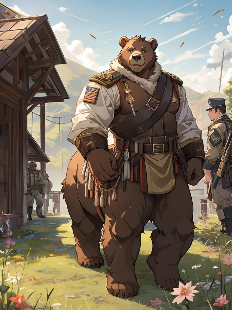 alone, Kanno, (Bear),furry,bara,fur taur,beartaur, Humanity, male, ((brown body)), army, There's a gun on the floor, bearTail, muscle, Handsome, bear tag, naked, , thick, forest, fantasy, outdoor, external, dark, night, forest, Star, permanent, toe claws, epic, depth of field, perfect lighting, (light particles),(masterpiece),(ultra deTailed),sharp focus,light particles,