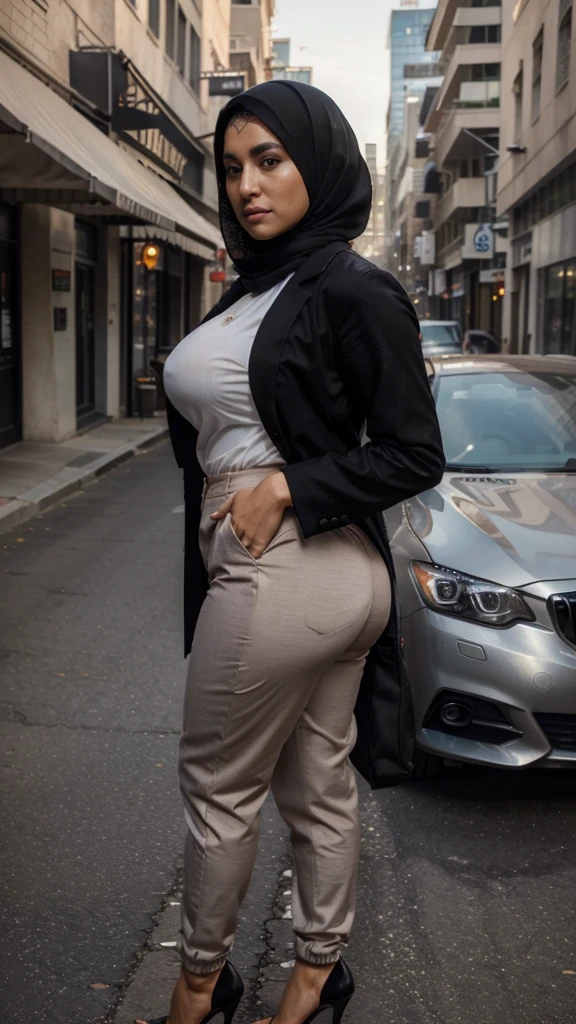 ((masterpiece)), ((best quality)), ((highres)), ((detailed background)), ((extremely detailed CG unity 8k wallpaper)), 1 girl standing straight, big butt, Create a 4K realistic image of a 50 year old milf muslim woman dressed in a nice shirt and pants, big butt, full outfit, public meeting, fully clothed



She has black straight hair, shes a milf muslim woman , 


Hijab, muslik outfit

nice clothes 
 Suit, buisness, suit, fully clothed.

Business casual, nice clothes 
 Suit, buisness, suit, fully clothed.

Milf, professional 

Massive butt

Facing camera,


nice clothes 
 Suit, buisness, suit, fully clothed.

