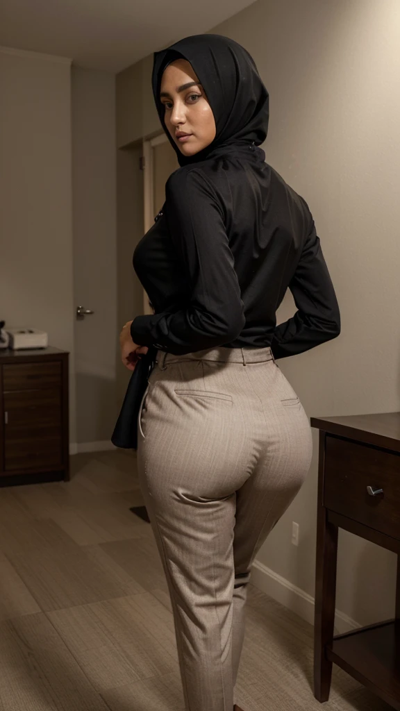 ((masterpiece)), ((best quality)), ((highres)), ((detailed background)), ((extremely detailed CG unity 8k wallpaper)), 1 girl standing straight, big butt, Create a 4K realistic image of a 50 year old milf muslim woman dressed in a nice shirt and pants, big butt, full outfit, public meeting, fully clothed



She has black straight hair, shes a milf muslim woman , 


Hijab, muslik outfit

nice clothes 
 Suit, buisness, suit, fully clothed.

Business casual, nice clothes 
 Suit, buisness, suit, fully clothed.

Milf, professional 

Massive butt

Facing camera,


nice clothes 
 Suit, buisness, suit, fully clothed.

