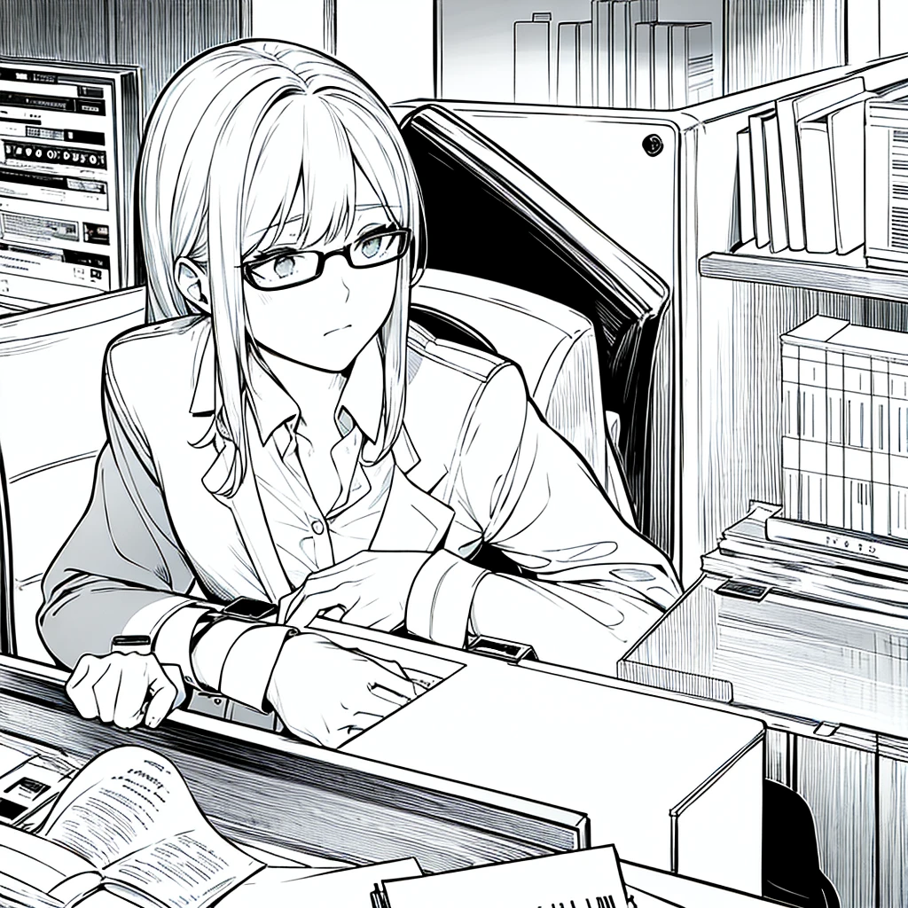 masterpiece, best quality, glasses, female, A dull look, office worker suit, girl, ( There is only one person ), A puzzled face