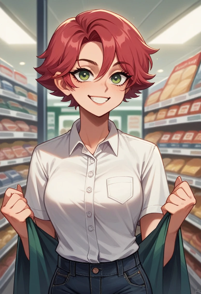 Crimson hair, short hair, tomboy, female, meek, b cups, white polo tucked into black jeans, small smile, convenience store, convenience store worker,