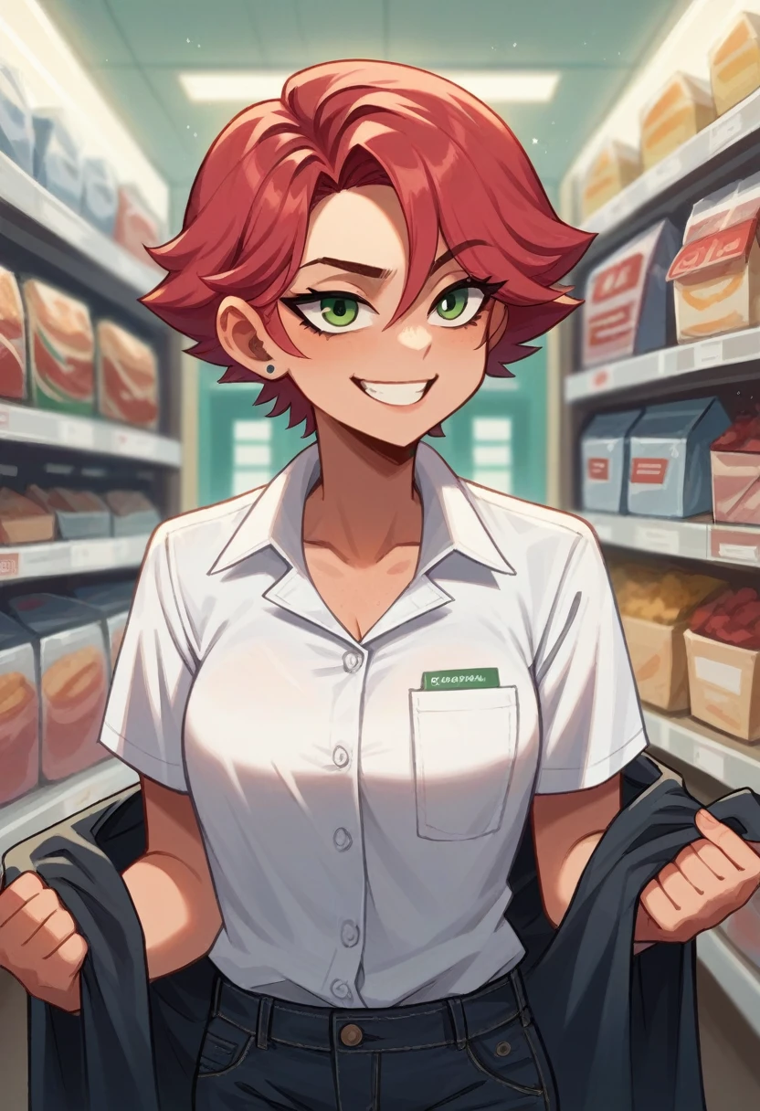 Crimson hair, short hair, tomboy, female, meek, b cups, white polo tucked into black jeans, small smile, convenience store, convenience store worker, 