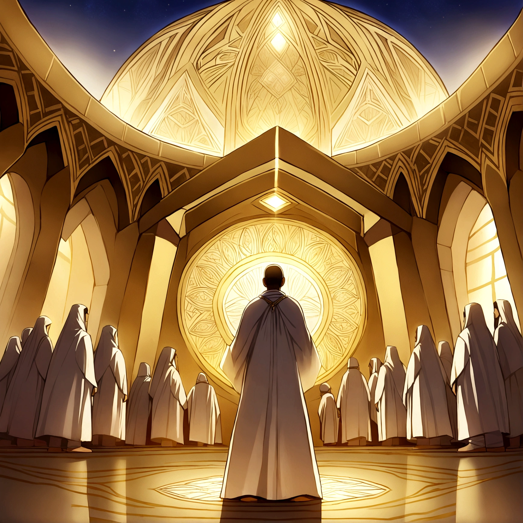 "Create an intricate and spiritually uplifting illustration to commemorate Haji Day, capturing the essence and significance of this holy event. The focal point of the scene should be the Kaaba, the sacred cube-shaped structure in the center of the Grand Mosque in Mecca, bathed in soft, golden sunlight. Surrounding the Kaaba, depict a sea of pilgrims dressed in simple, white Ihram garments, symbolizing purity and equality before God. The pilgrims should be shown in various acts of worship, such as walking in Tawaf (circling the Kaaba), praying, and standing in reflection.

Incorporate diverse elements to represent the global nature of the pilgrimage, showing people of different ethnicities, ages, and backgrounds united in their devotion. The crowd should be dense yet orderly, highlighting the unity and harmony among the worshippers.

The mosque's architecture, including the minarets and arches, should be detailed and majestic, adding to the grandeur of the scene. The sky should be clear with a subtle, warm glow of the early morning or late afternoon, enhancing the serene and holy atmosphere.

Add small but meaningful details such as prayer beads, Quranic scripts, and pilgrims helping each other, to convey a sense of community and mutual support. The overall image should evoke feelings of peace, spirituality, and a profound sense of connection among all present, reflecting the deep spiritual significance of Haji Day."

