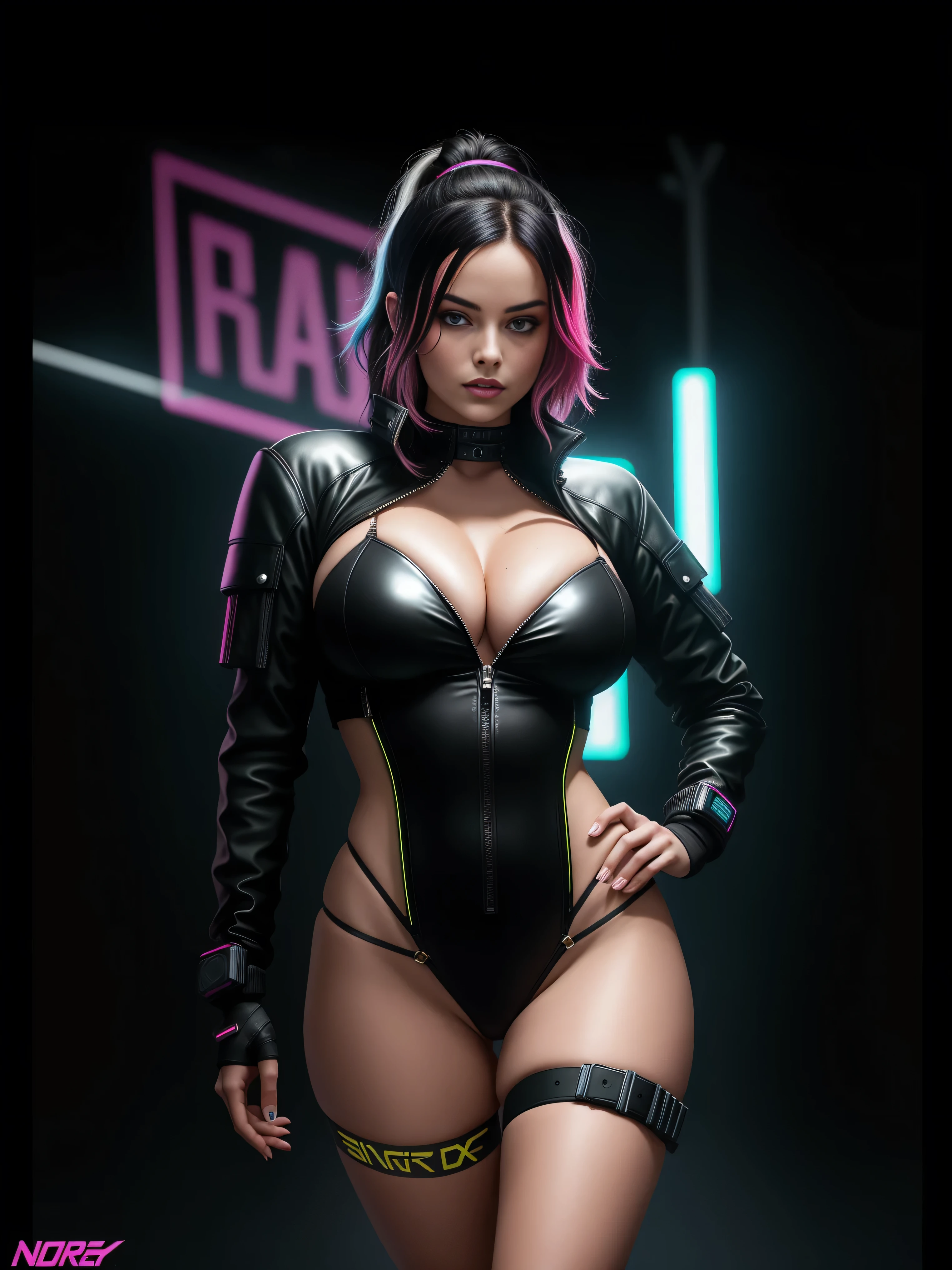 there is Margot Robbie, black neon streaked hair, hair in pony tail, 3 d neon art of a womans body, neon-noir background, cyberpunk femme fatale, seductive cyberpunk dark fantasy, cyberpunk strip clubs, cyberpunk 20 y. o model girl, oppai cyberpunk, banner, high definition cgsociety, cgsociety masterpiece, trending on cgstation, kda, random hair, nice ass, back to camera, gigantic breasts, cleavage, (high detailed skin:1.2), 8k uhd, dslr, super lighting, high quality, film grain, high res, highly detailed, hyper realistic, beautiful face, beautiful body, beautiful eyes nose lips, alluring expression, very bold, upper visible, full body photo, standing legs apart, pale translucent glowing skin, most beautiful face, cute, (well defined pubic hair:1.2)), (dark plain black background:1.4))
