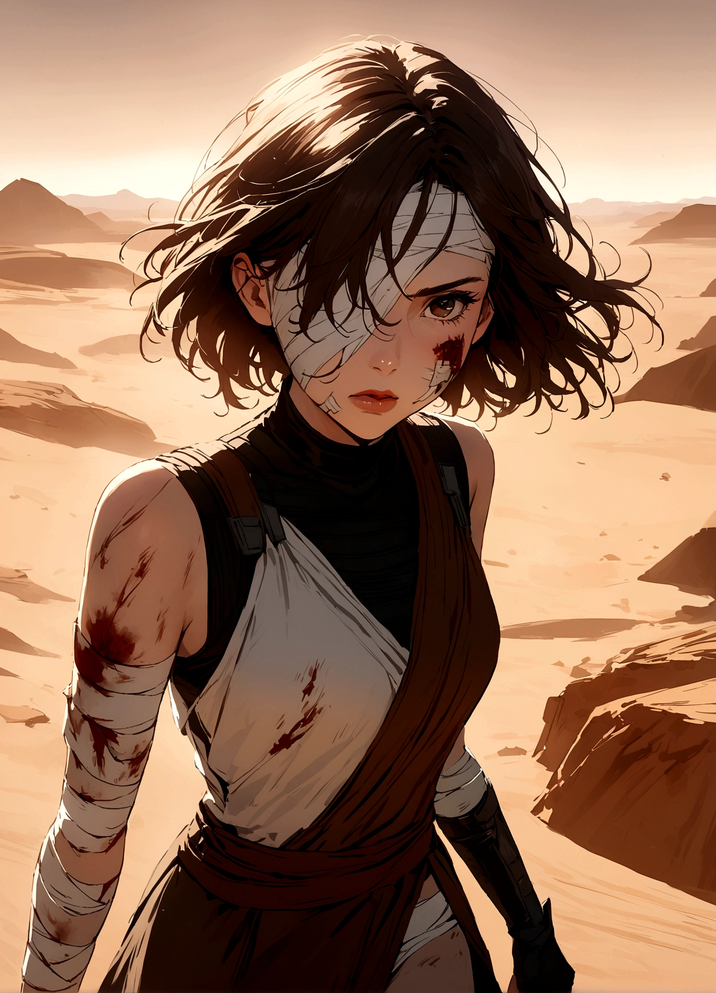 (Daisy Ridley as Star Wars Ray, patch over one eye, bloody beaten and battered, bandaging her wounds, patch over one eye), desert world