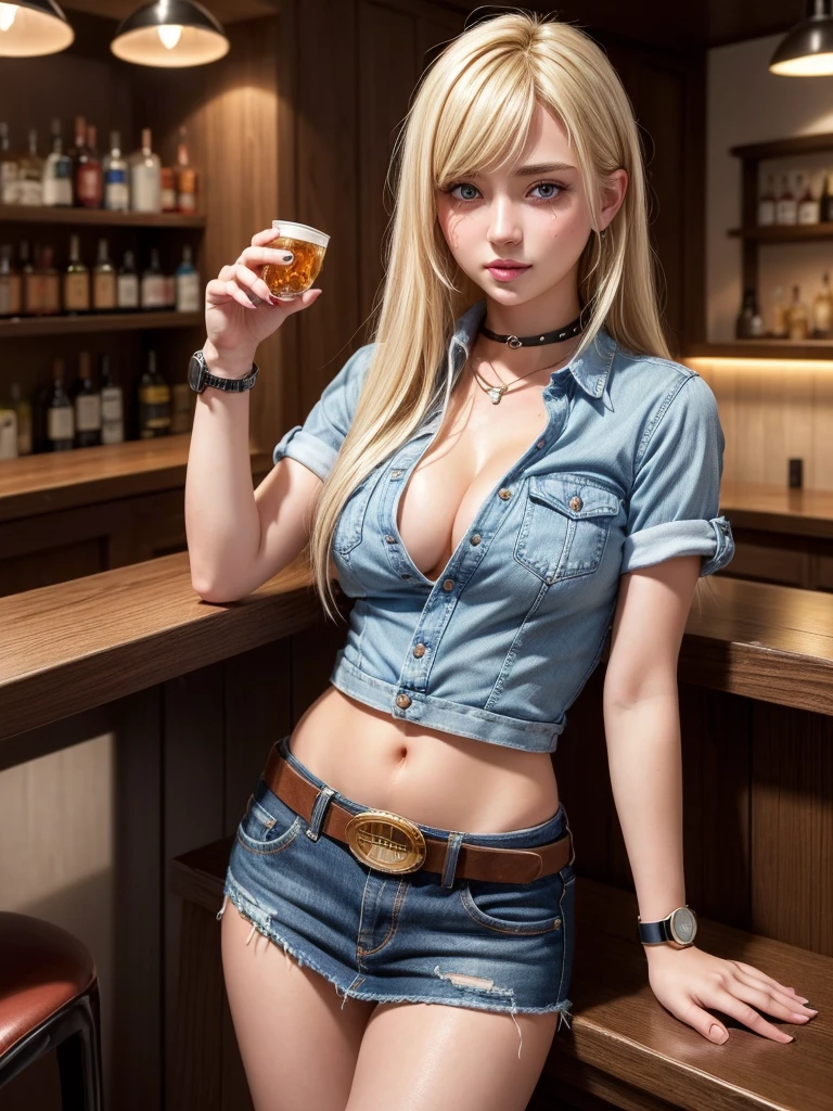 (((1 person:2.0))),(((Cowgirl Costume))),(((Denim mini skirt:1.2))),(((wear a leather belt))),(((Short short sleeves, T-Shirts))),((Wear a watch on your wrist:1.8))),(((Ultra short boots))),(((Showing cleavage))),(((Exposed thin inner thighs))),(((Small breasts:1.5))),(((Bare arms))),(((Her hair is blonde:1.5))),((Navel exposed:1.3)),(((Blushing:1.5))),(((Drunk and having hiccups:1.8))),(Blushed Cheeks:1.5),(Being drunk:1.5),Beautiful detailed girl, Very detailed目と顔, finelyてBeautiful Eyes, Very detailed, High resolution, Highest quality, masterpiece, Very detailed, 8k wallpaper, wonderful, finely, Highest quality, The light shines on your face,(Bar counter at night),Beautiful Eyes,Being drunk,Above the knee shot,Are standing,Beautiful detailed girl, Very detailed目と顔, finelyてBeautiful Eyes, Very detailed, High resolution, Highest quality, masterpiece, Very detailed, 8k wallpaper, wonderful, finely, Highest quality