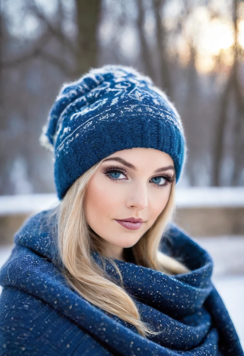 Erstellen Sie ein realistisches Foto einer Frau Mitte 40. Sie hat purpurrote Haare, largee durchdringende blaue Augen, and luscious lips. She wears shimmering makeup, She has an hourglass figure and natural huge breasts, that fit their height. Sie ist etwa 5"0" large. She wears a beautiful knight sweater and is wrapped in a warm blanket, nachts im Winter in einem Schlitten. Sie hat einen zufriedenen Gesichtsausdruck. Das Foto ist eine mittlere Aufnahme mit einer Canon Rebel T7 Kamera mit einem 35mm Objektiv.