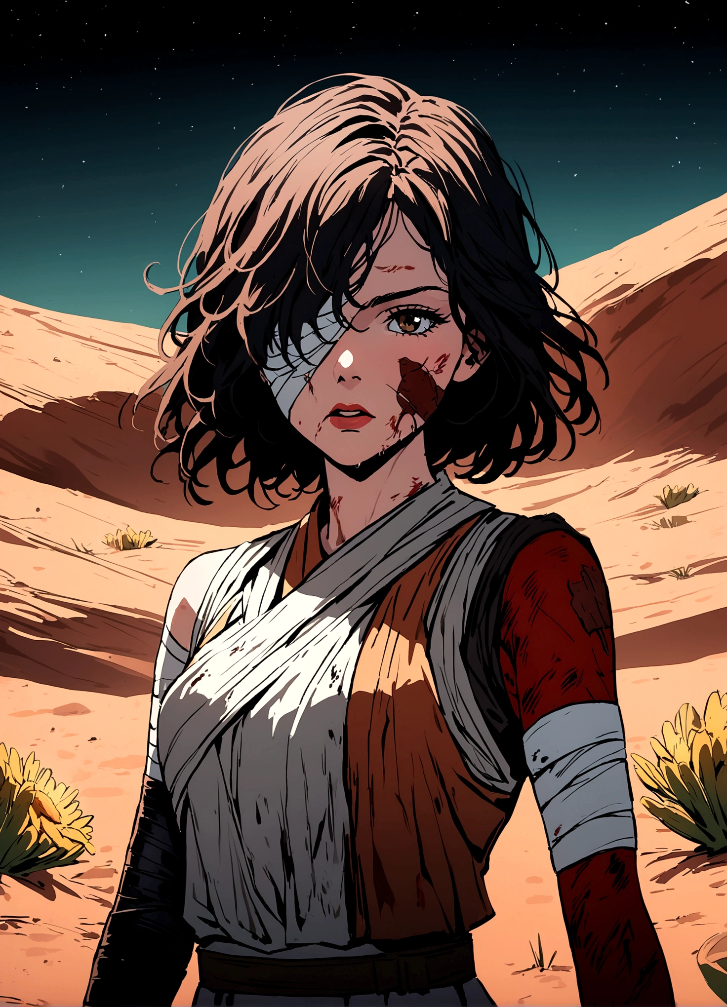 (Daisy Ridley as Star Wars Ray, patch over one eye, bloody beaten and battered, bandaging her wounds, patch over one eye), desert world
