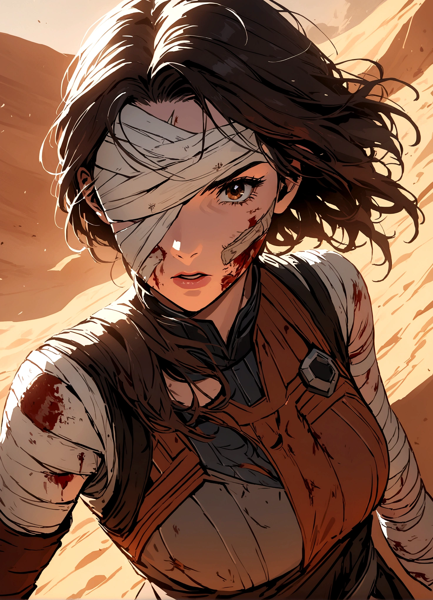 (Daisy Ridley as Star Wars Ray, patch over one eye, bloody beaten and battered, bandaging her wounds, patch over one eye), desert world