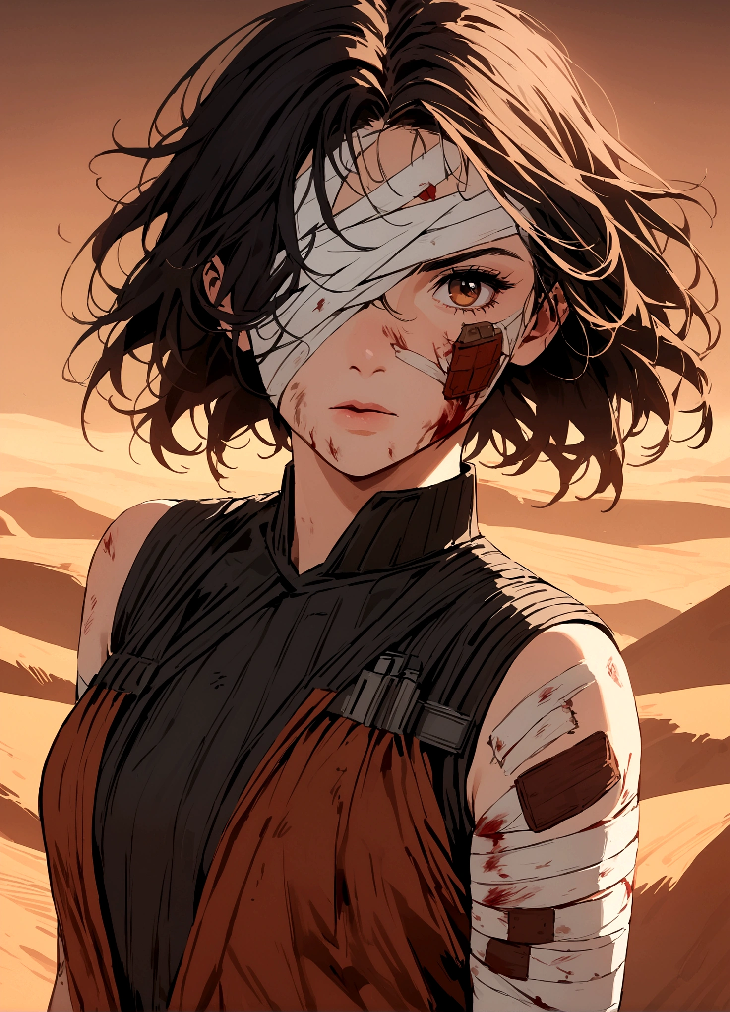 (Daisy Ridley as Star Wars Ray, patch over one eye, bloody beaten and battered, bandaging her wounds, patch over one eye), desert world
