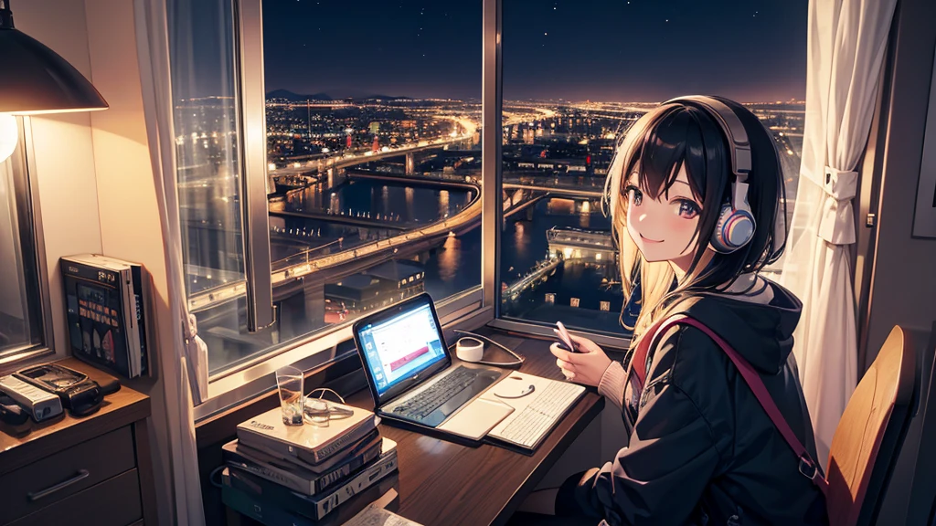 Listening to music through headphones、Smiling woman、Beautiful city from the window、Night view