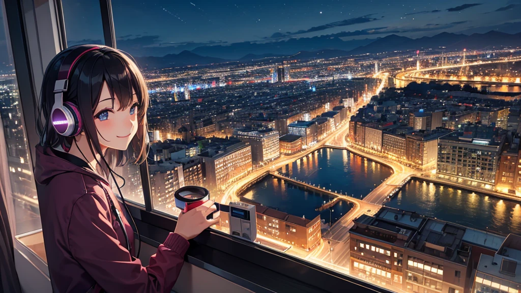 Listening to music through headphones、Smiling woman、Beautiful city from the window、Night view