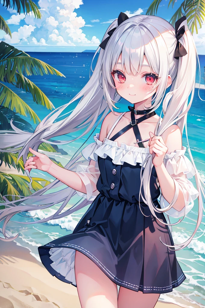 Silver Hair Half Twin Tail Red Eyes freckles beautiful girl blue sea White sand beach Light of the sun smile