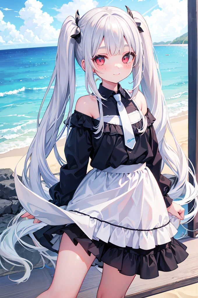 Silver Hair　Half Twin Tail　Red Eyes　freckles　beautiful girl　blue sea　White sand beach　Light of the sun　smile