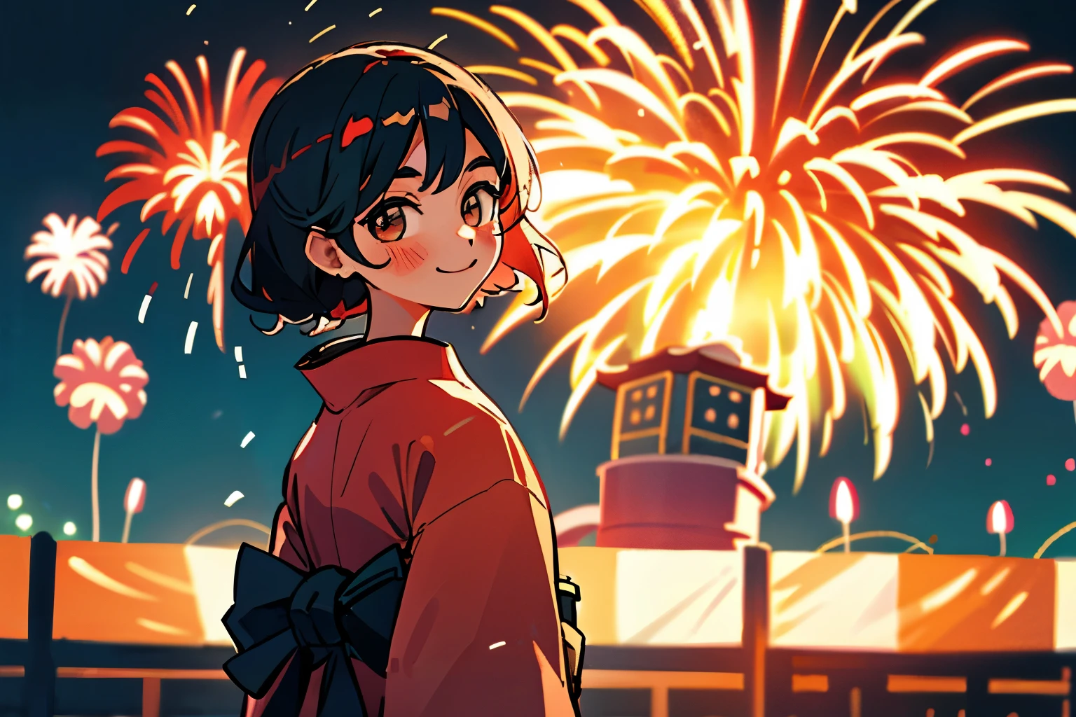 Girl in kimono、Summer festival、Fireworks display、fun、night、beautiful