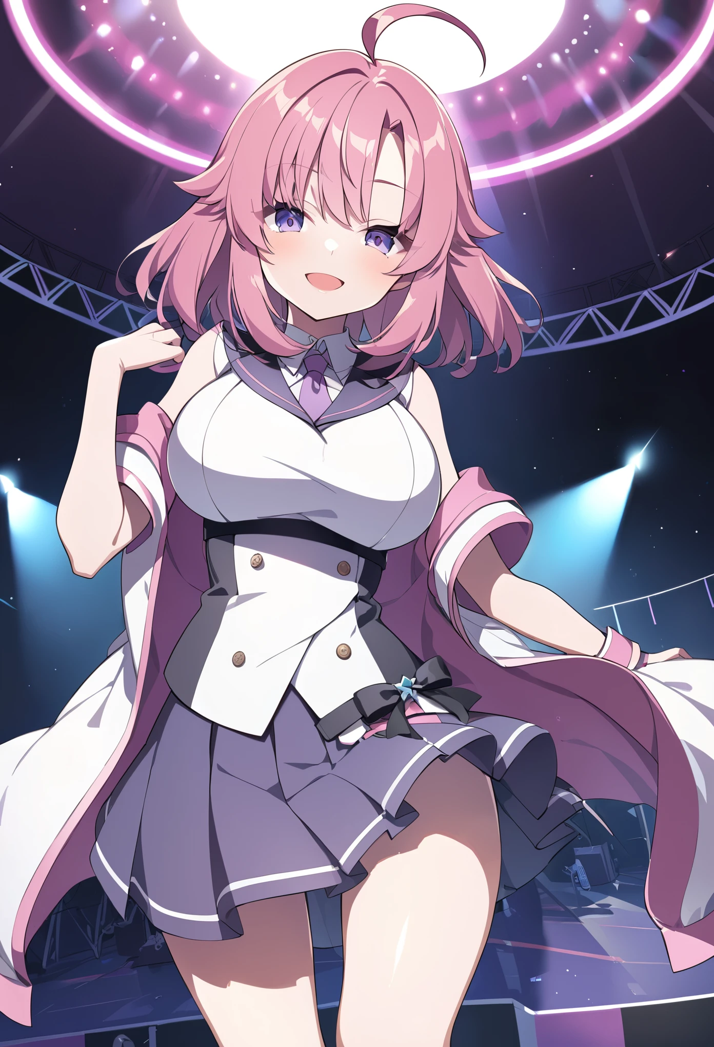 Medium HAIR, ahoge, purple eyes, pink hair, ars old,, large breasts, live stage, solo,