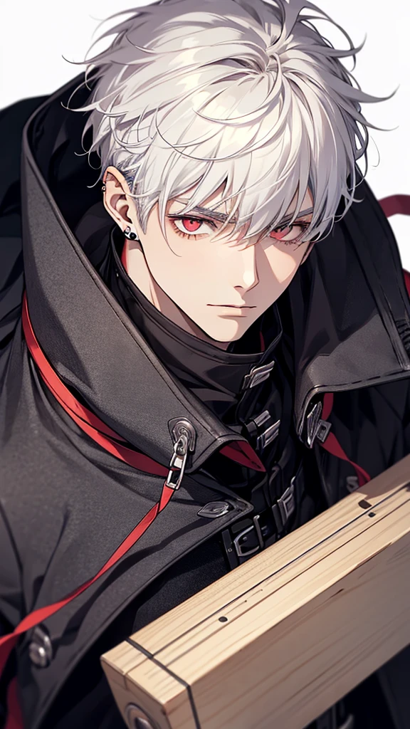 1male, calm, age 25 face, short messy with bangs, white hair, Red colored eyes, Black Coat, black clothes, black background, adult face, modern times, instrument, ear piercing