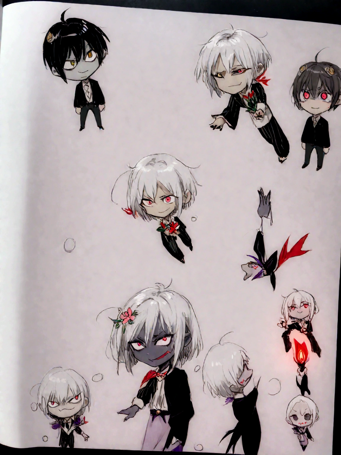 (((gray skin tone))), street view, ((((1The boy from the flower shop)))), (((white hair short hair))), (((red light eyes))), , (((evil smile))), ((best quality)), (detailed), ((style novel)), beautiful core, ((japanese cartoon movies_color)), (alone) ,devil 소년, shining eyes, devil, black nails, vertical pupil, shining eyes